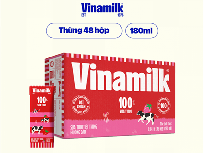 Sữa tươi tiệt trùng Vinamilk 100% hương dâu - Thùng 48 hộp 180ml