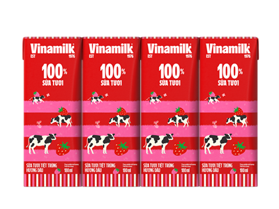 Sữa tươi tiệt trùng Vinamilk 100% hương dâu - Lốc 4 hộp 180ml