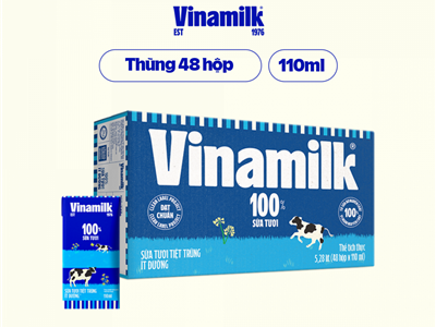 Sữa tươi tiệt trùng Vinamilk 100% ít đường - Thùng 48 hộp 110ml